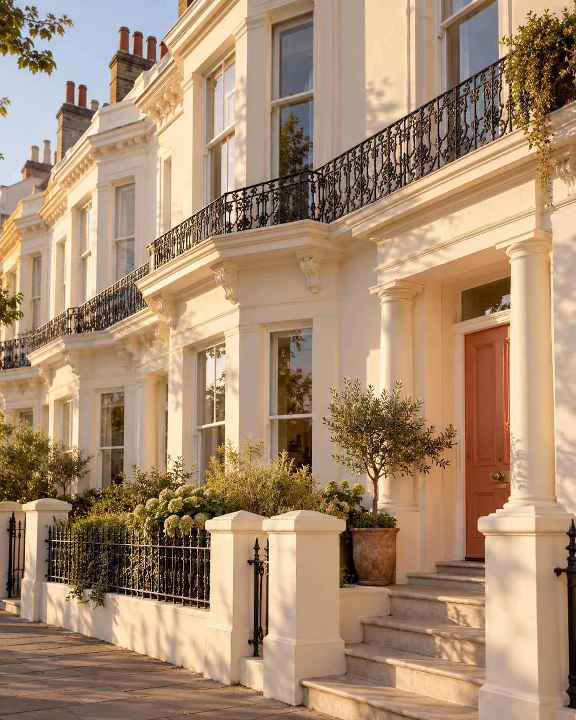 Illustrative Hove-inspired cream terrace in warm afternoon sunlight